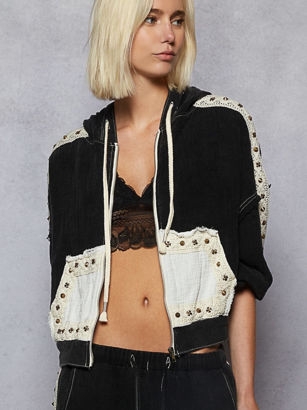 POL BALLOON SLEEVE HOODIE JACKET-BLACK